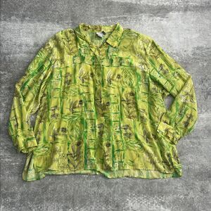 Piano Shirt Womens 3X Vintage Floral Leaf Print Long Sleeve Button Up 100% Silk